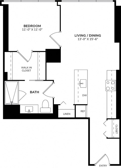 Floor plan for 1 bed, 1 bath, 775 sqft